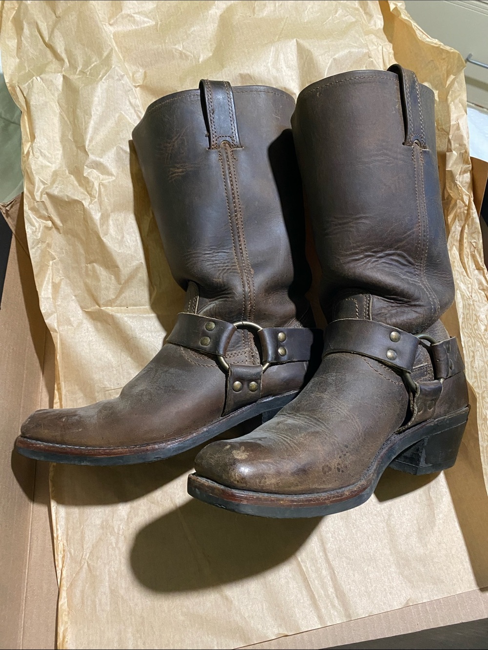 Frye Brown Harness Cowboy Boots - Distressed Leather
